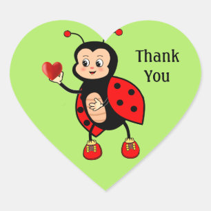 Sticker Cœur Jolie coccinelle et cœur sur fond vert Merci