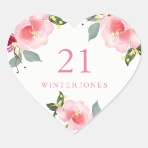 Sticker Cœur Jolie couleur rose florale Aquarelle 21ème anniver