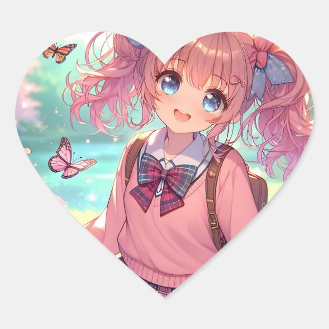 Sticker Cœur Jolie fille Anime en Pigtails Roses (Devant)