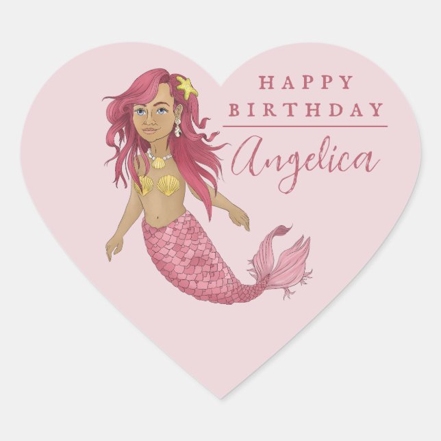 Sticker Cœur Jolie Sirène Rose Joyeux Anniversaire Nom personna (Devant)