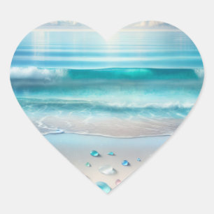 Sticker Cœur Jolie vague bleu océan et verre de mer