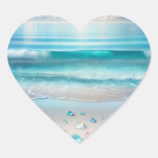 Sticker Cœur Jolie vague bleu océan et verre de mer (Devant)