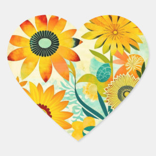 Sticker Cœur Jolies Fleurs Jaunes Whimsical Folk Art