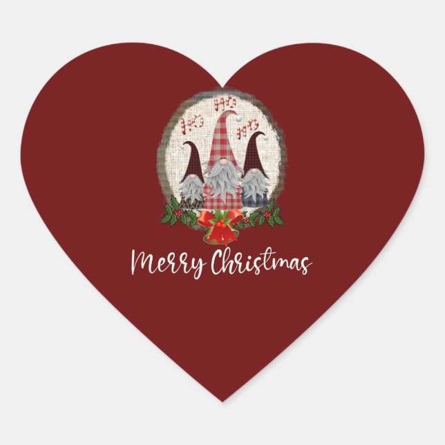 Sticker Cœur Joyeux Noël Gnomes Rouge, Rustique, Plaid, Branché (Devant)