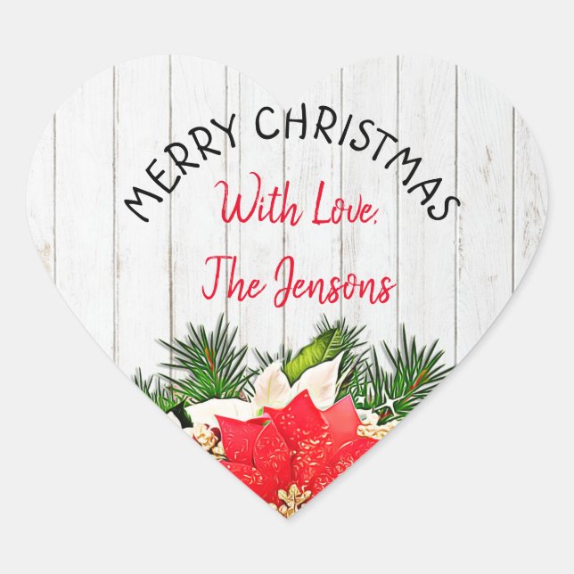 Sticker Cœur Joyeux Noël Personnalisé Poinsettia (Devant)