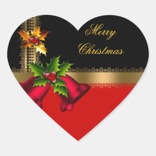 Sticker Cœur Joyeux Noël Vacances Rouge Cloches Noir Or