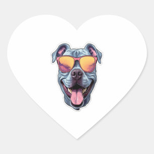 Sticker Cœur Joyeux Pitbull bleu portant des lunettes de soleil