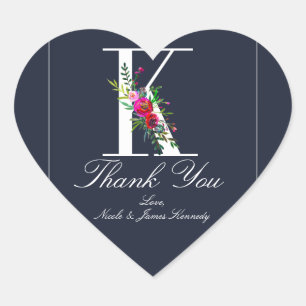 Sticker Cœur K Monogramme Dernière Initiale Moderne Fleurs Bleu
