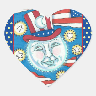 STICKER CŒUR L'AMÉRICANA FOLK ART PATRIOTIQUE HOMME DANS LA LUN