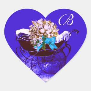 STICKER CŒUR LANDAU ANCIEN, MONOGRAMME COEUR BÉBÉ FLEURS BAIGNA