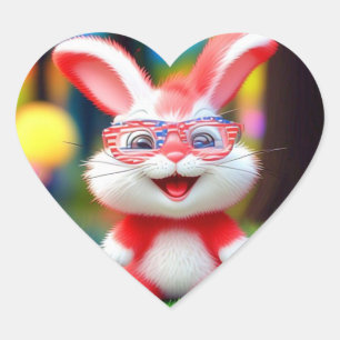 Sticker Cœur Lapin Rouge avec Lunettes Américaines Dessin Animé