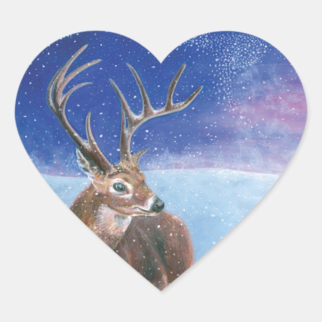 Sticker Cœur Le Cerf rouge Cervus elaphus et paysage hivernal (Devant)