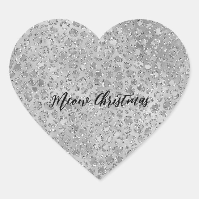 Sticker Cœur Leopard argenté gris Meow Kitty Cat (Devant)