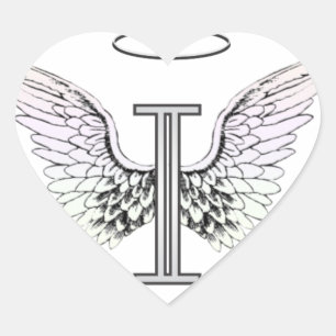 Sticker Cœur Lettre I Monogramme initial avec ailes angéliques 