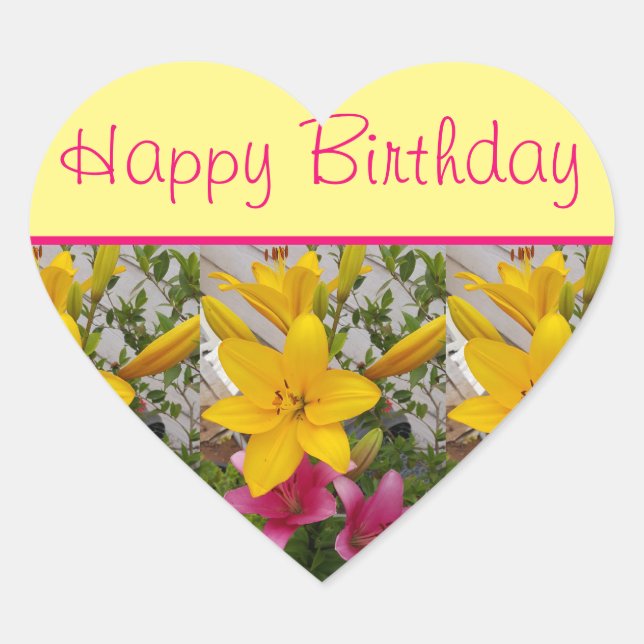Sticker Cœur Lily Flower Rouge Jaune floral Joyeux anniversaire (Devant)