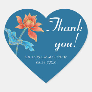 Sticker Cœur Lotus Flower Orange & Merci Mariage bleu