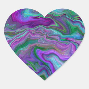 Sticker Cœur Marbre violet, vert et bleu Fluid Art