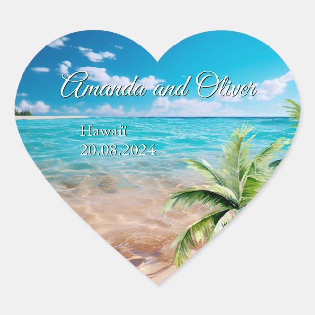Sticker Cœur Marées Turquoise Tropical Palm Tree Beach Mariage (Devant)