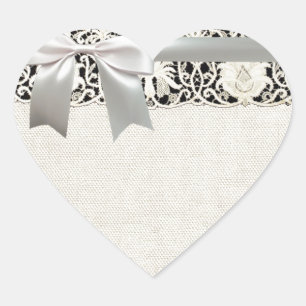 Sticker Cœur Mariage Antique Dentelle Lin Blanc Classique Joli