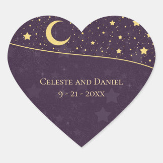Sticker Cœur Mariage céleste Profonde Violet Étoiles et Lune