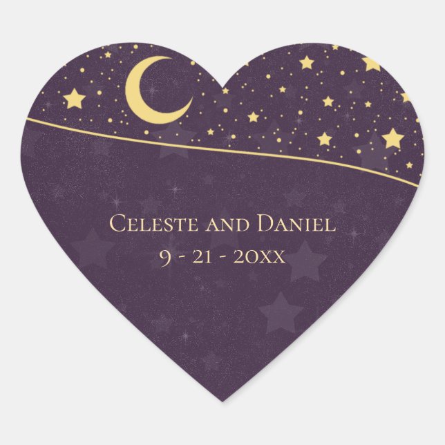 Sticker Cœur Mariage céleste Profonde Violet Étoiles et Lune (Devant)