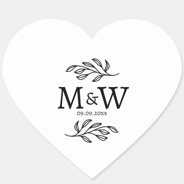 Sticker Cœur Mariage Couple Monogramme Date Élégante Botanique (Modern botanical wedding couple monogram initials and date personalized heart stickers)