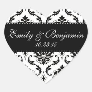 Sticker Cœur Mariage damassé blanc et noir Favoriser