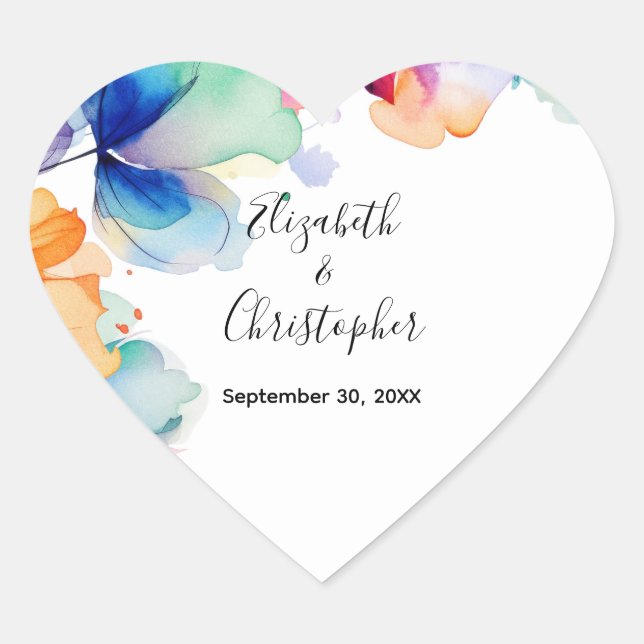 Sticker Cœur Mariage d'aquarelle florale brillant personnalisé (Devant)