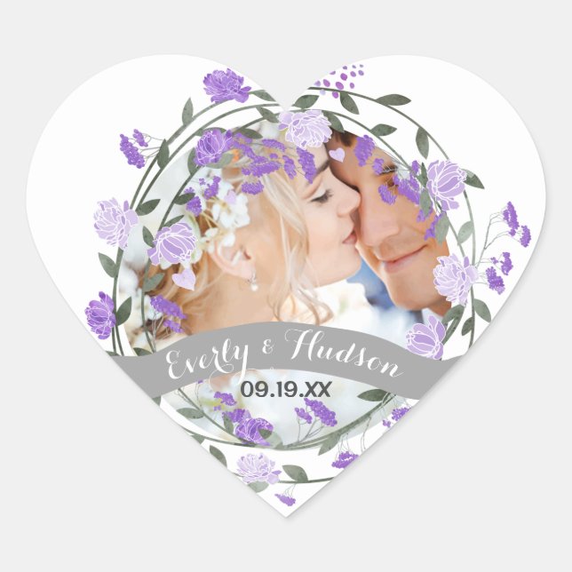 Sticker Cœur Mariage de couronnes florales pourpres (Devant)