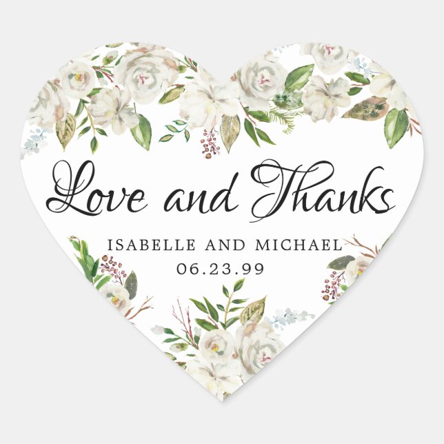 Sticker Cœur Mariage de Merci Floral Rose Blanche Rustique (Devant)