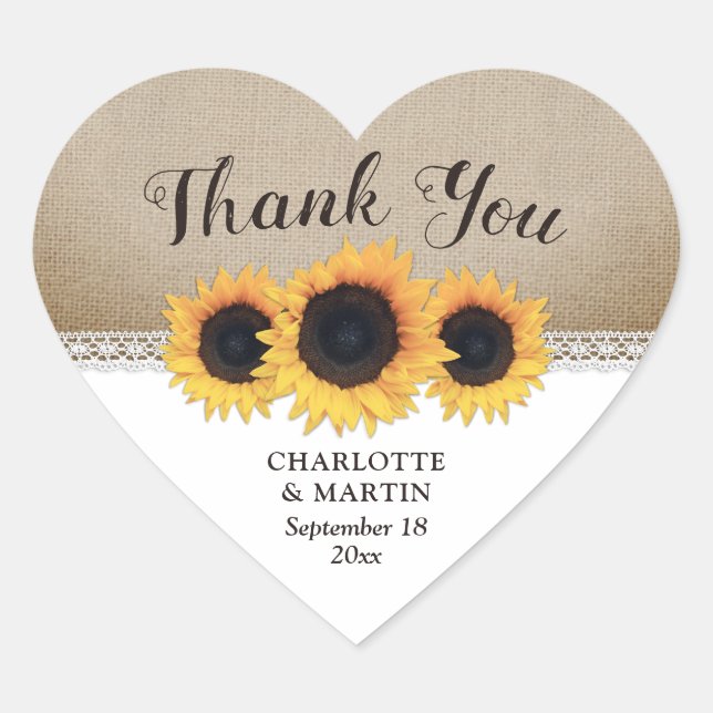 Sticker Cœur Mariage de tournesol en dentelle de Burlap (Devant)
