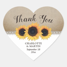 Sticker Cœur Mariage de tournesol en dentelle de Burlap