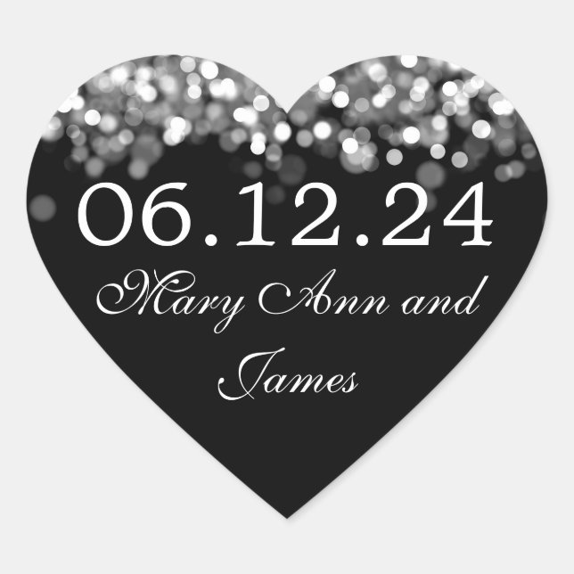 Sticker Cœur Mariage Enregistrer La Date Lumières Argent (Devant)