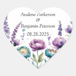 Sticker Cœur Mariage Fleur sauvage turquoise et violette