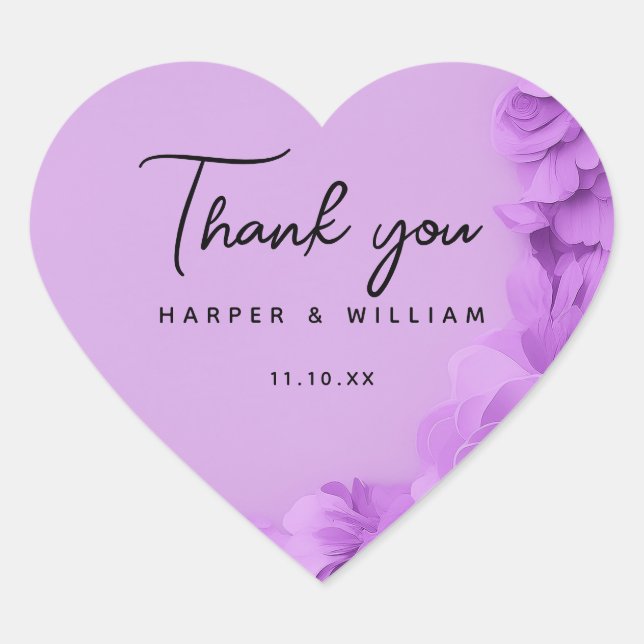Sticker Cœur Mariage fleuri violet merci (Devant)