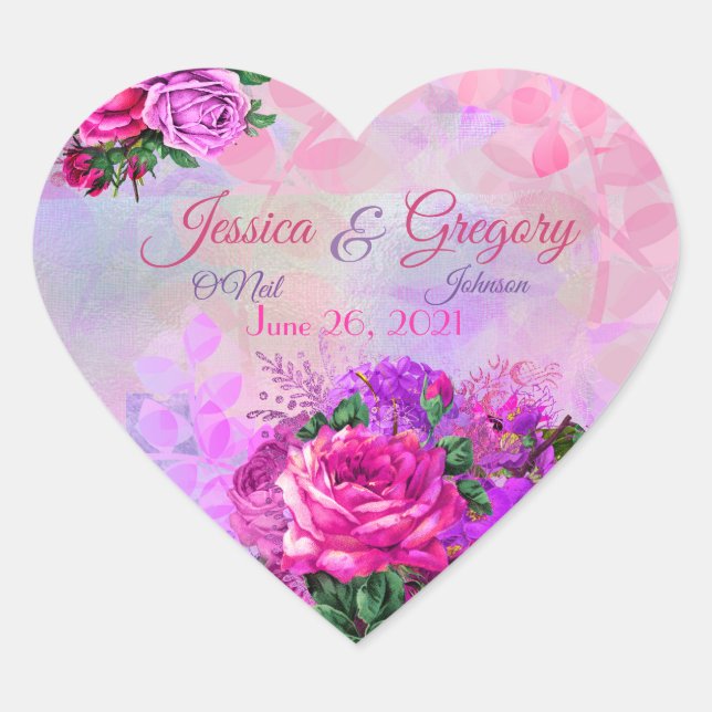 Sticker Cœur Mariage floral Amethyst framboise (Devant)