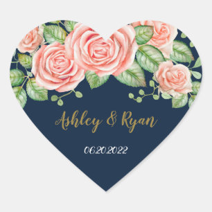 Sticker Cœur Mariage floral bleu bleu marine