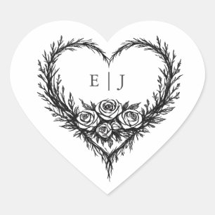 Sticker Cœur Mariage Floral Moderne Noir et Blanc Dessiné à la 