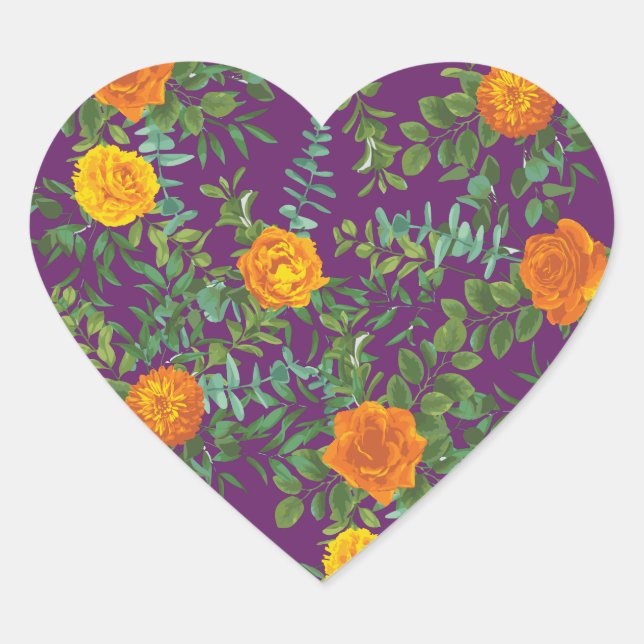 Sticker Cœur Mariage Floral Orange & Plum Violet Peony & Rose (Devant)