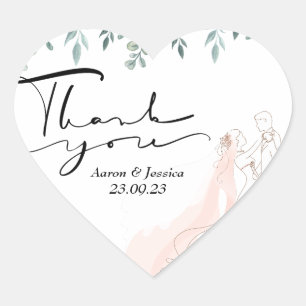 Sticker Cœur Mariage Floral rose et Merci Anniversaire