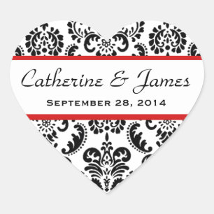 Sticker Cœur Mariage Heart Damask Noir et Blanc Rouge A10