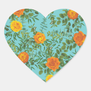 Sticker Cœur Mariage Rose orange Turquoise Aqua