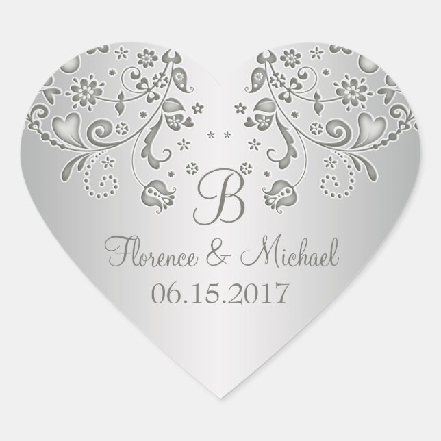 Sticker Coeur Mariage tourbillons floraux argenté (Devant)