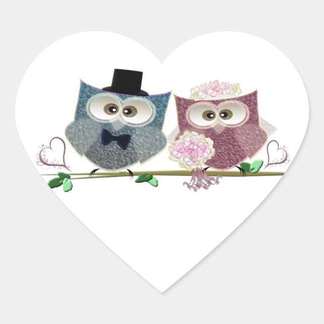 Sticker Cœur Mariée et groom jolie Chouette Art (Devant)
