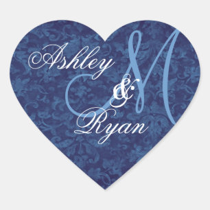 Sticker Cœur Marine Blue Mariage damassé Personnalisé Monogramm
