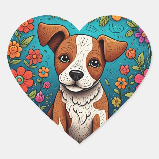 Sticker Cœur Marionnette mignonne avec Fleurs d'Art folklorique (Devant)