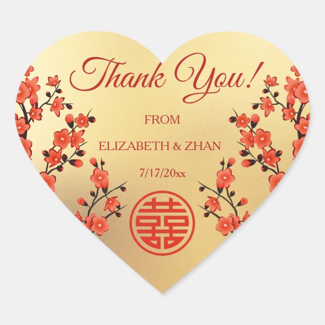 Sticker Cœur Merci chinois Mariage rouge cerisier en fleurs (Devant)