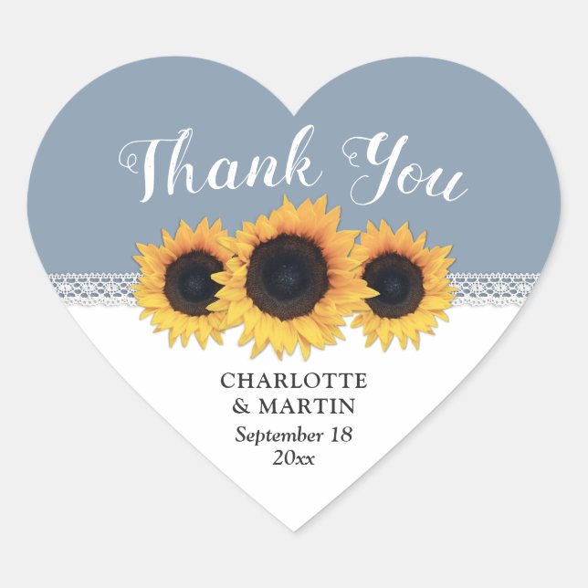 Sticker Cœur Merci de Mariage de tournesol bleu Dusty (Devant)