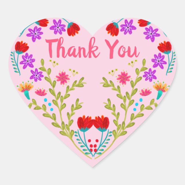 Sticker Cœur Merci Fleurs mexicaines Quinceanera rose (Devant)