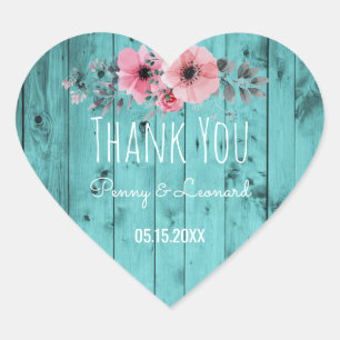 Sticker Cœur Merci Floral Bois rustique Mariage Turquoise Fav